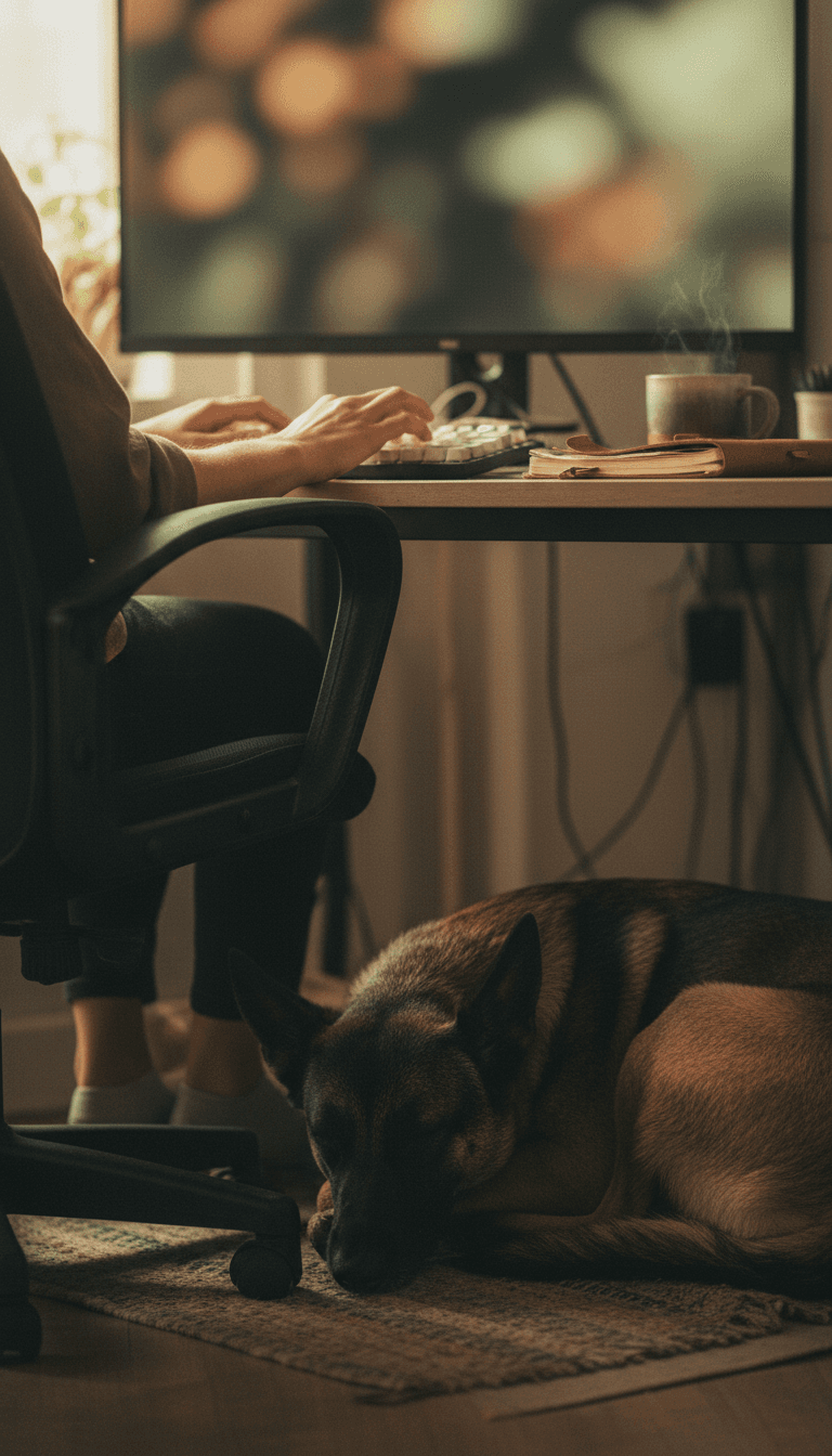A Malinois dog asleep on the floor next to a desk with someone working