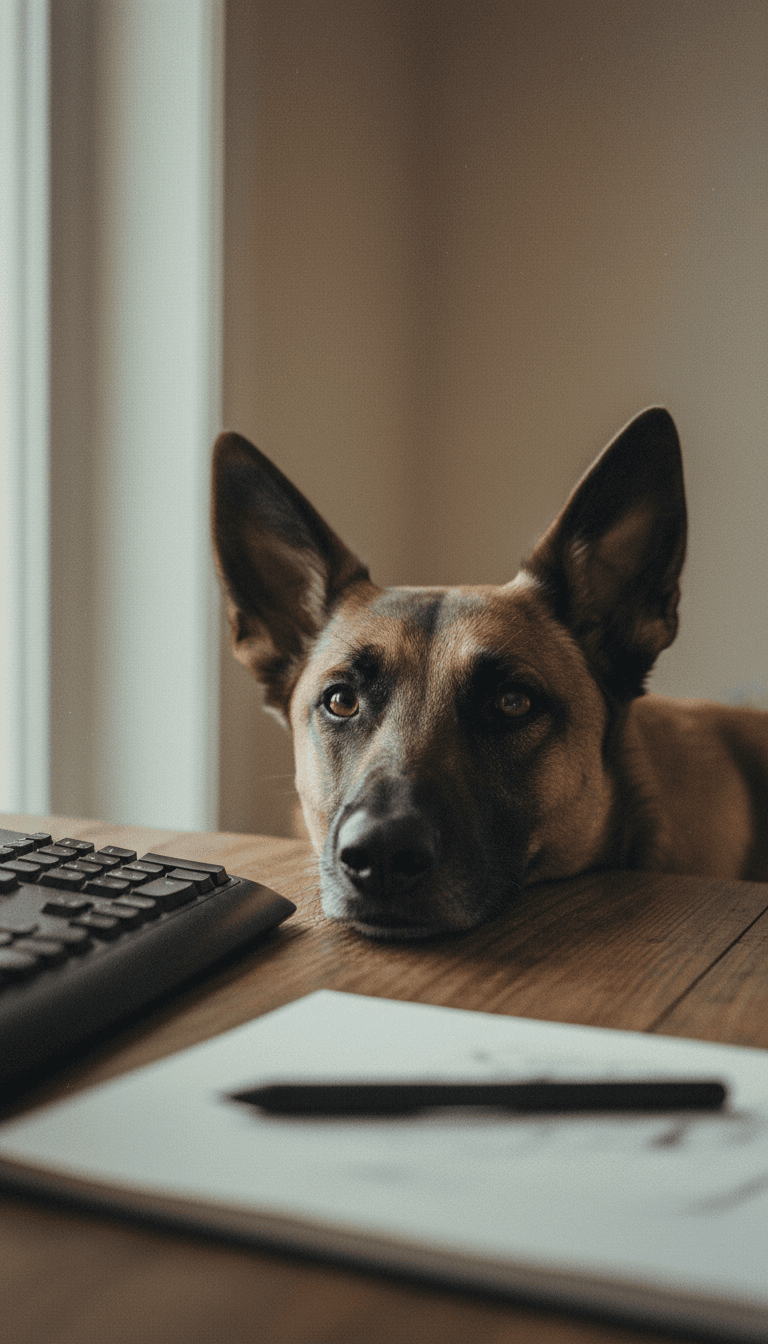 Belgian Malinois resting head on a desk beside a digital drawing tablet