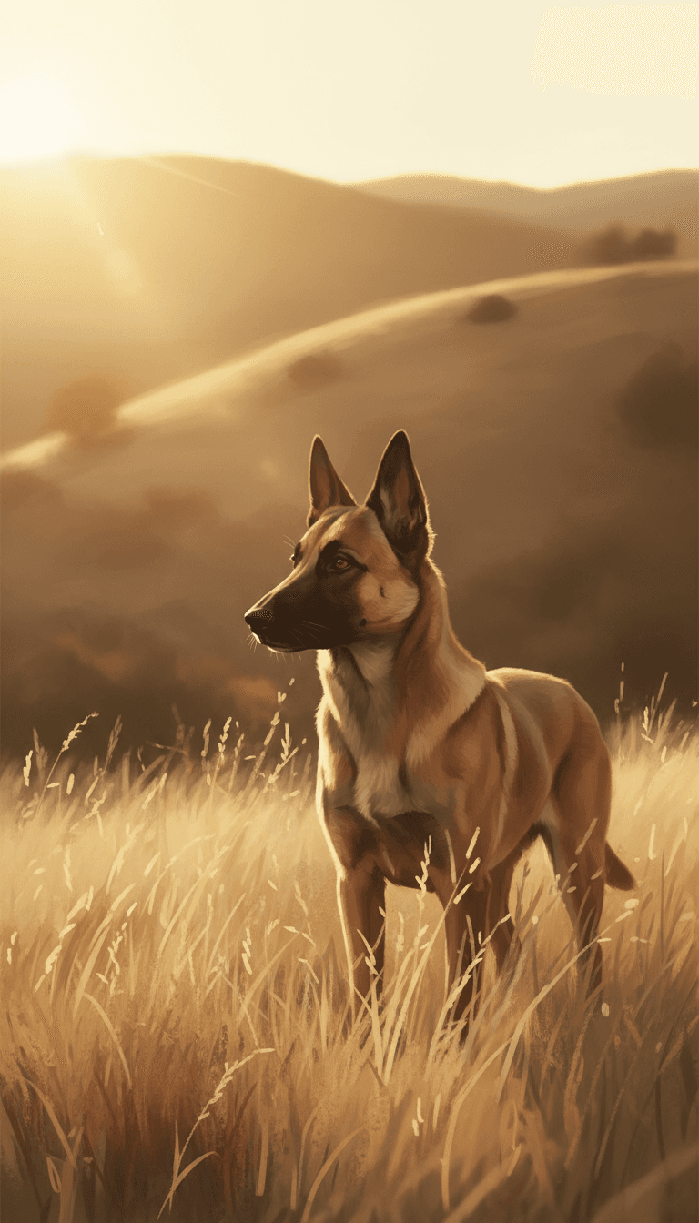 Belgian Malinois standing alert on a sunlit grassy hillside