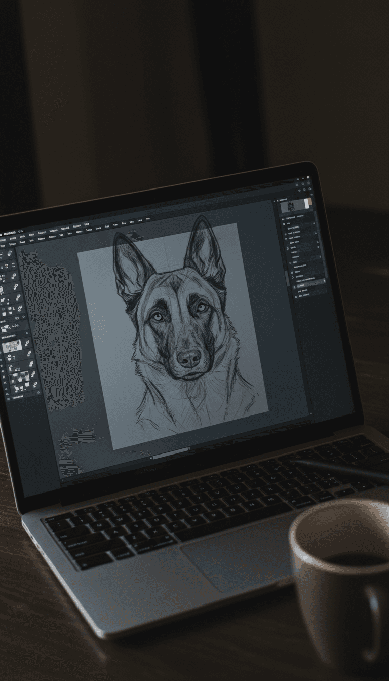 Close-up of a digital painting of a Malinois in progress on a screen